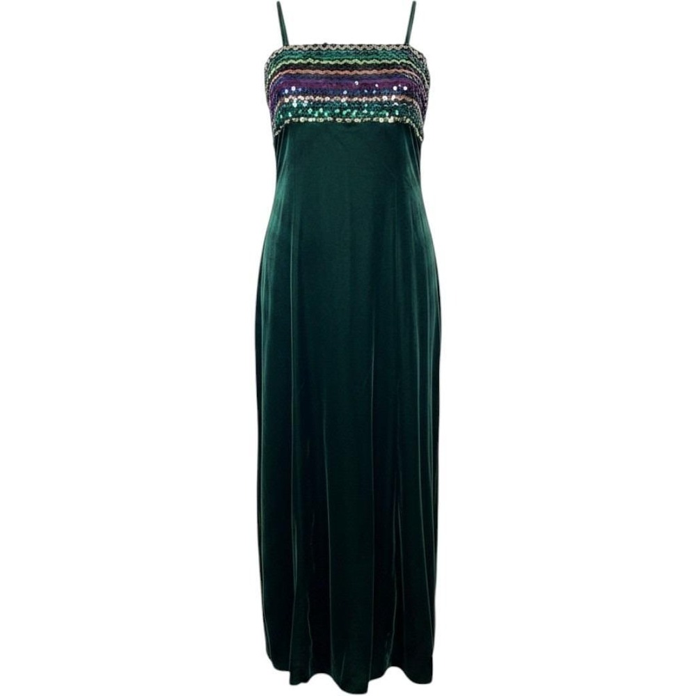 Vintage 70s Fairy‎ Grunge Maximalist Green Velvet Sequin Bodice Maxi Dress 4/5